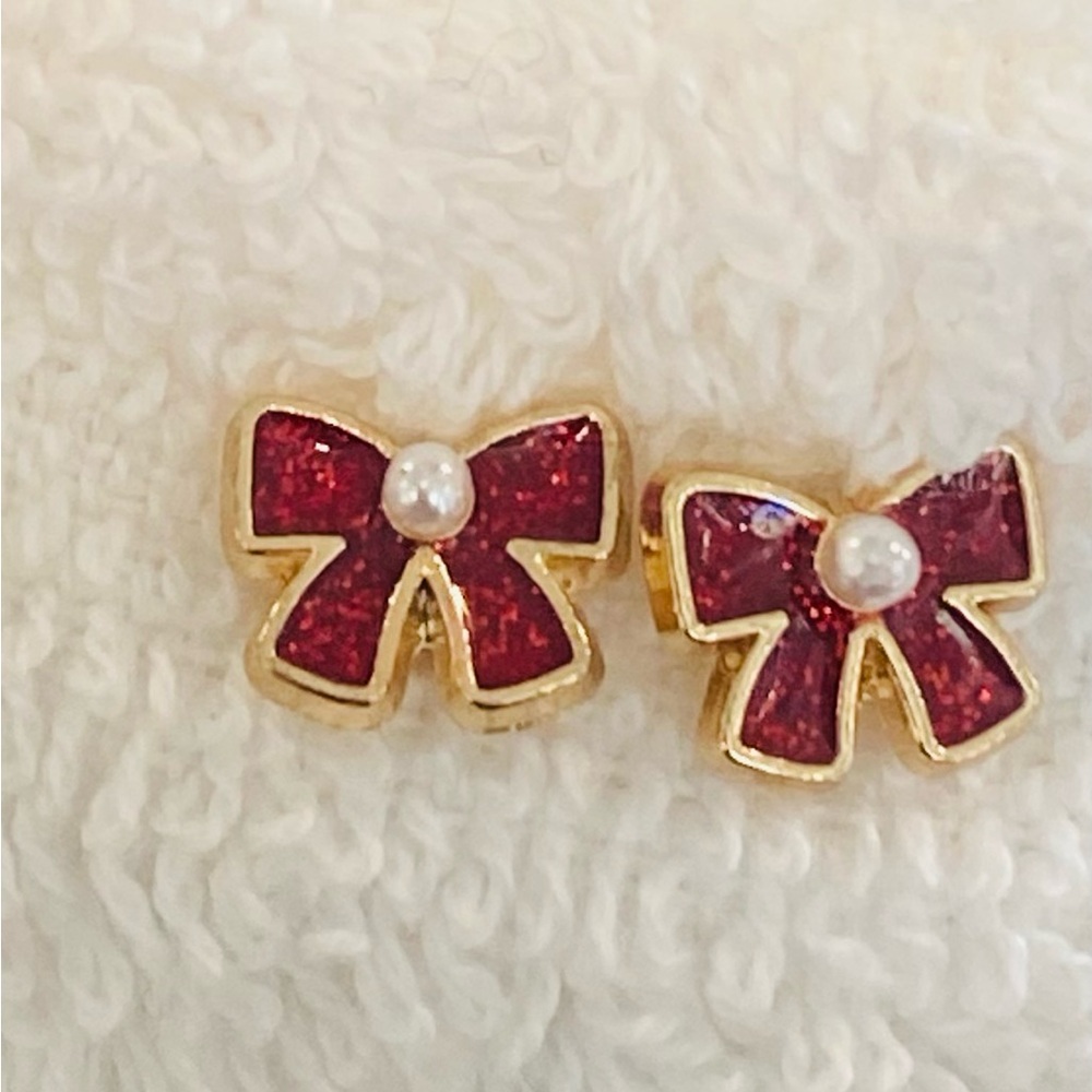 Hypoallergenic Dainty  Red Festive Bow Stud Earrings with Pearl Dainty Earring